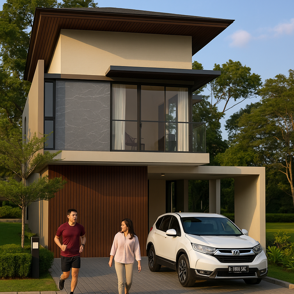 Tampak depan rumah tipe Verdant di Shila at Sawangan dengan 2 orang penghuni dan mobil terparkir, desain modern 2 lantai dengan 3 kamar tidur dan carport luas.